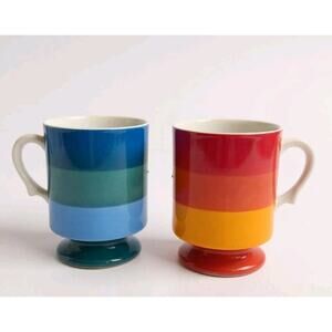 HOLT-HOWARD 1966 Striped Set Of 2 Porcelain Mugs Handles Footed Blue Orange EUC